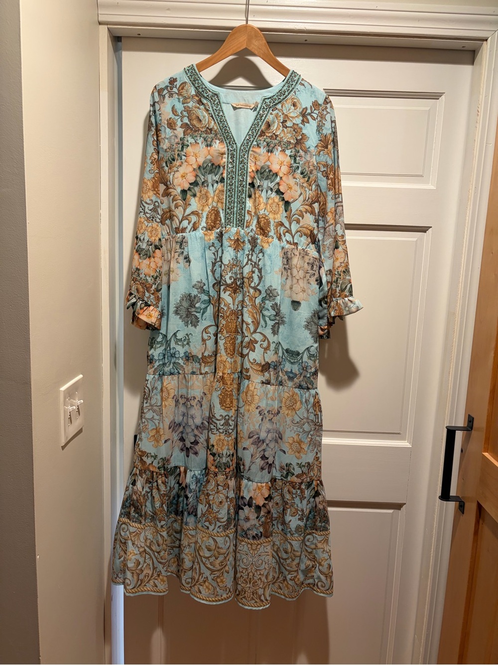 Soft Surroundings Light Blue Floral Tiered Maxi Dress
